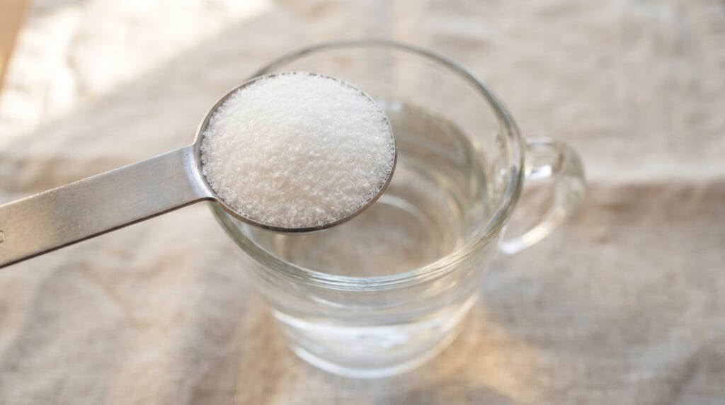 A level tablespoon of white pickling salt in a measuring spoon held over a glass measuring cup of water