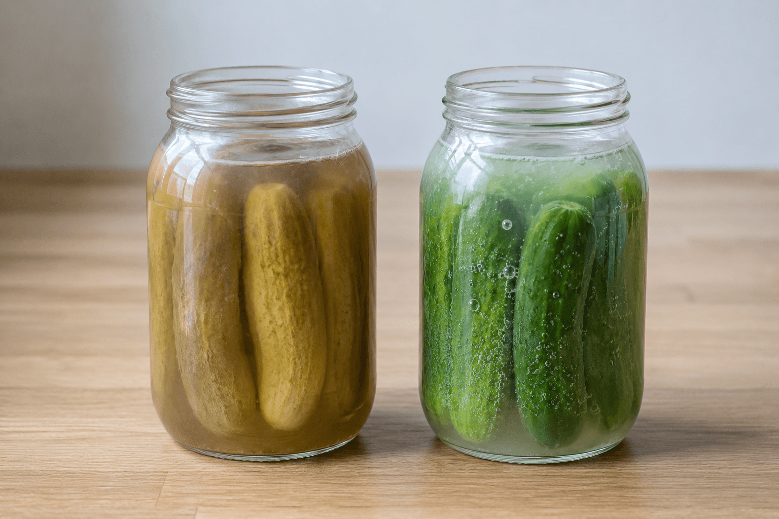 Failed pickle jar with soft pale cucumbers and murky brine beside a healthy cloudy active ferment jar