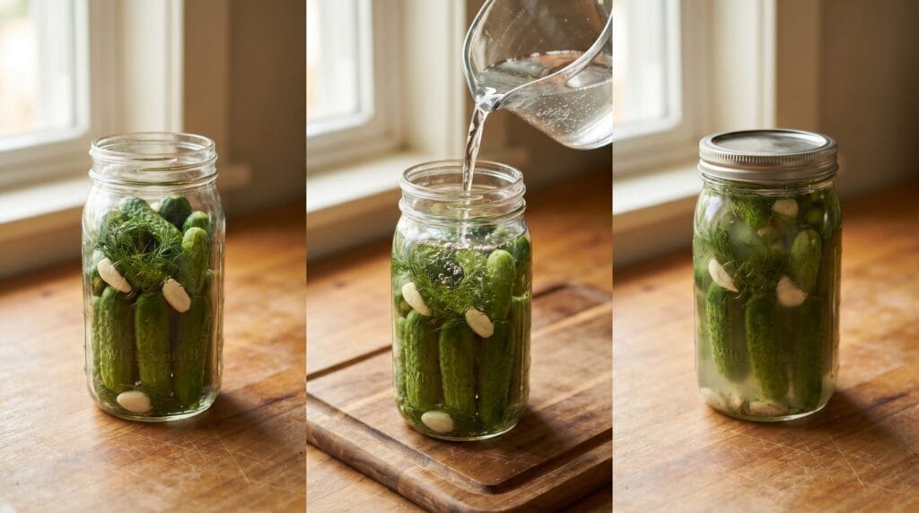 Three-panel triptych showing cucumbers packed into a jar, brine being poured in, and the sealed jar resting