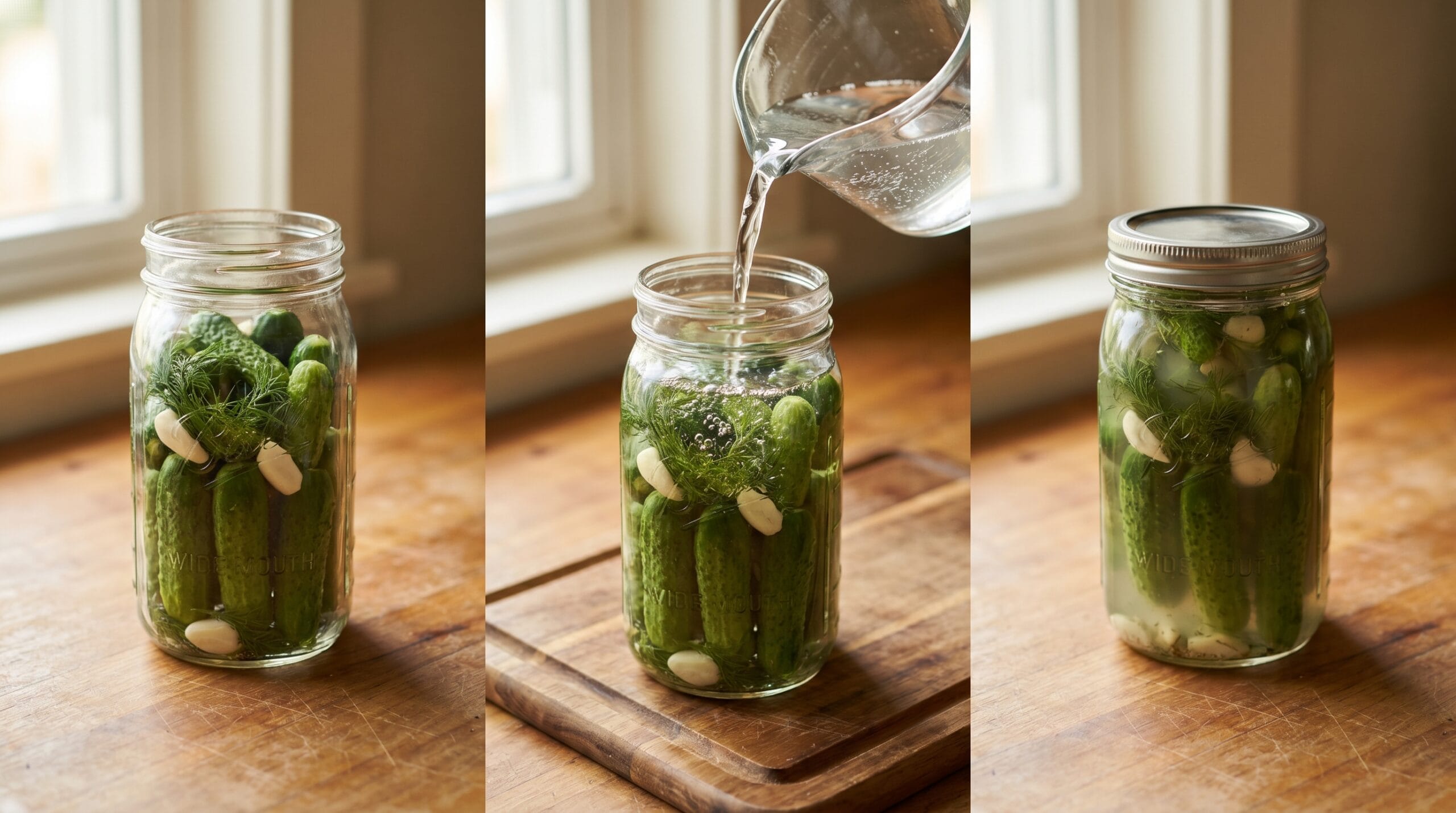 Three-panel triptych showing cucumbers packed into a jar, brine being poured in, and the sealed jar resting