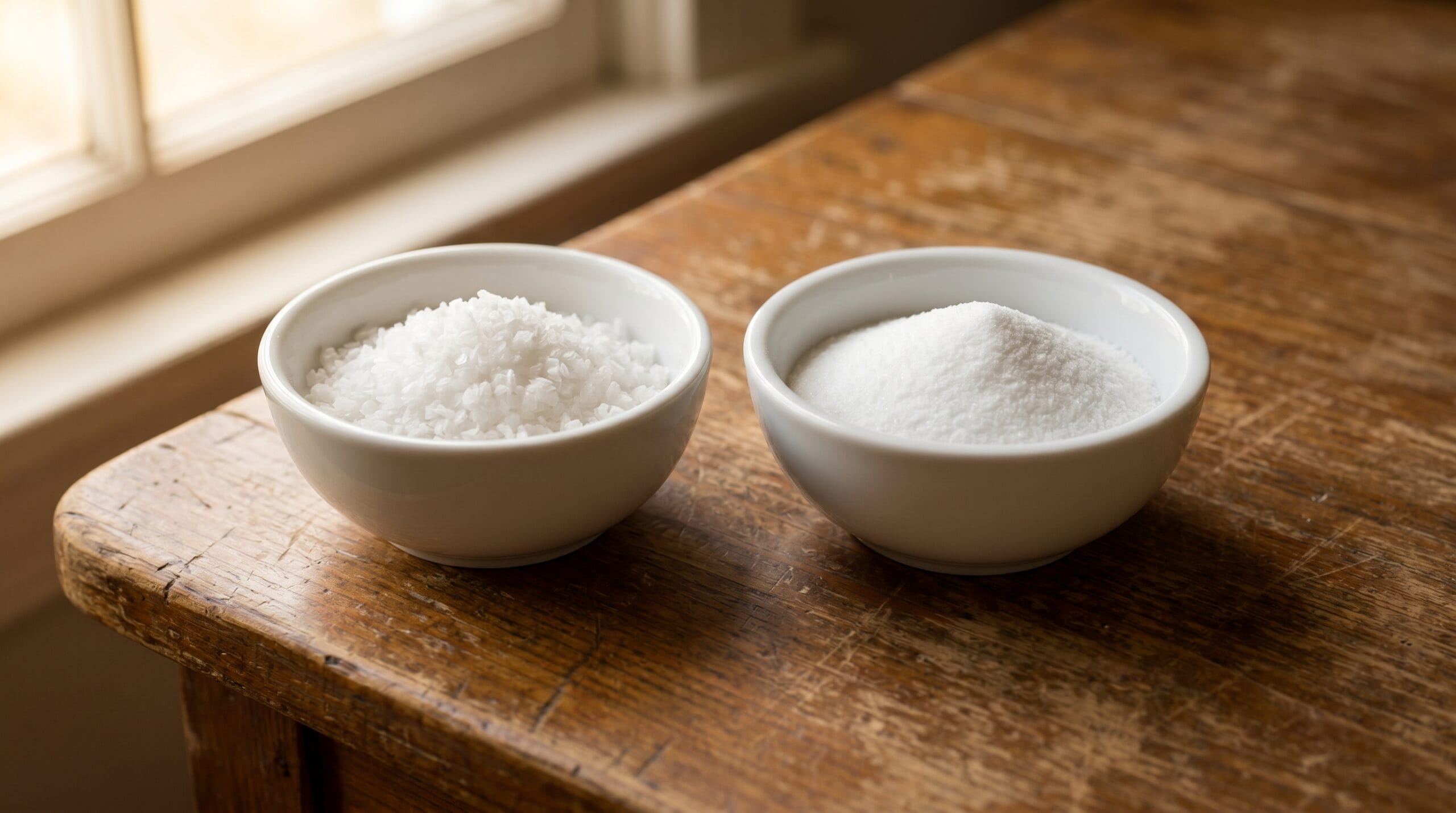 Two small ceramic bowls holding white pickling salt and iodized table salt on a wooden surface