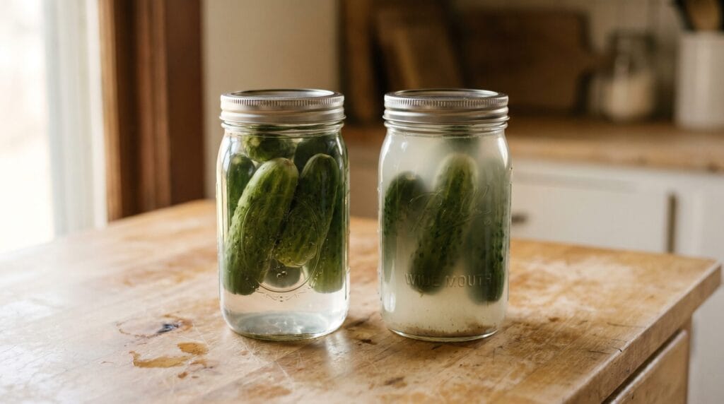 Two mason jars side by side showing clear vinegar brine and cloudy lacto-fermented pickle brine