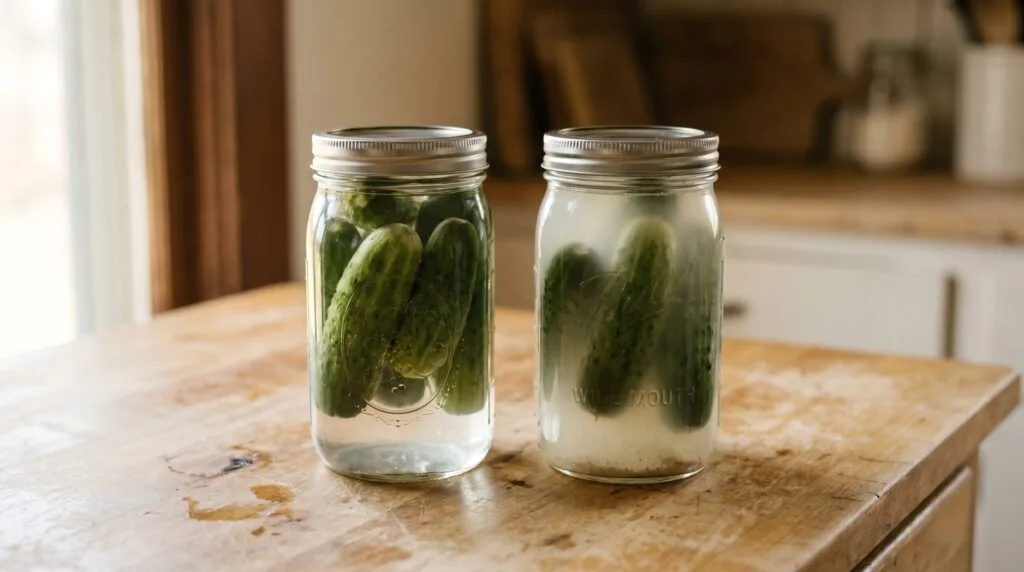 Two mason jars side by side showing clear vinegar brine and cloudy lacto-fermented pickle brine