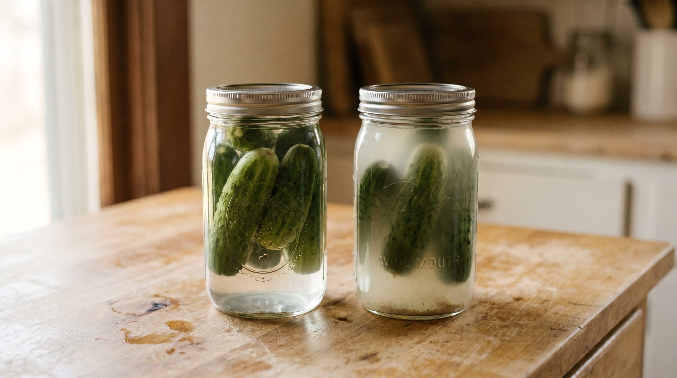 Two mason jars side by side showing clear vinegar brine and cloudy lacto-fermented pickle brine