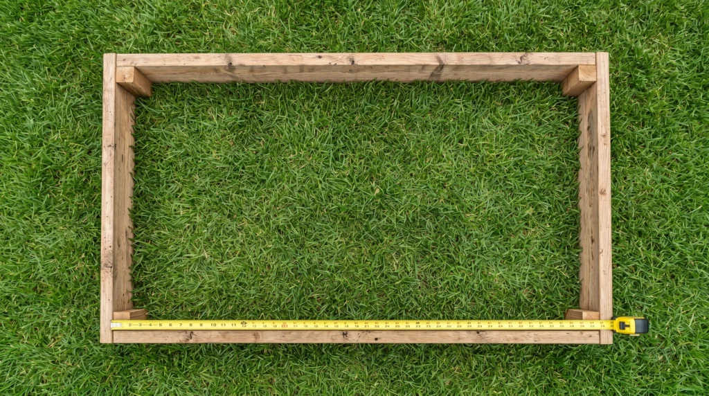 Empty 4 by 8 foot cedar raised garden bed frame on level ground