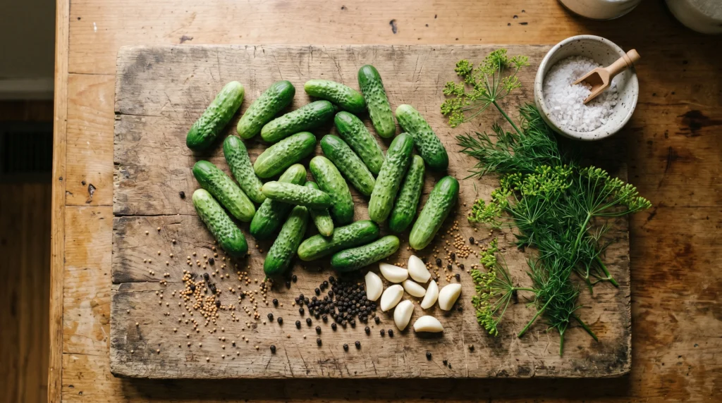 Fresh Kirby pickling cucumbers with dill, garlic cloves, and pickling spices on a wooden board