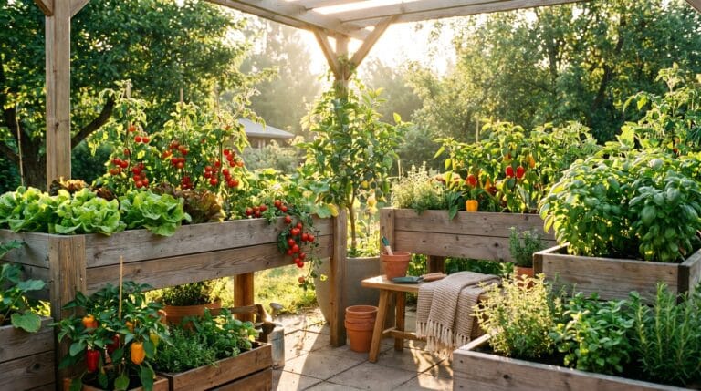Growing vegetables in a planter on a sunny patio