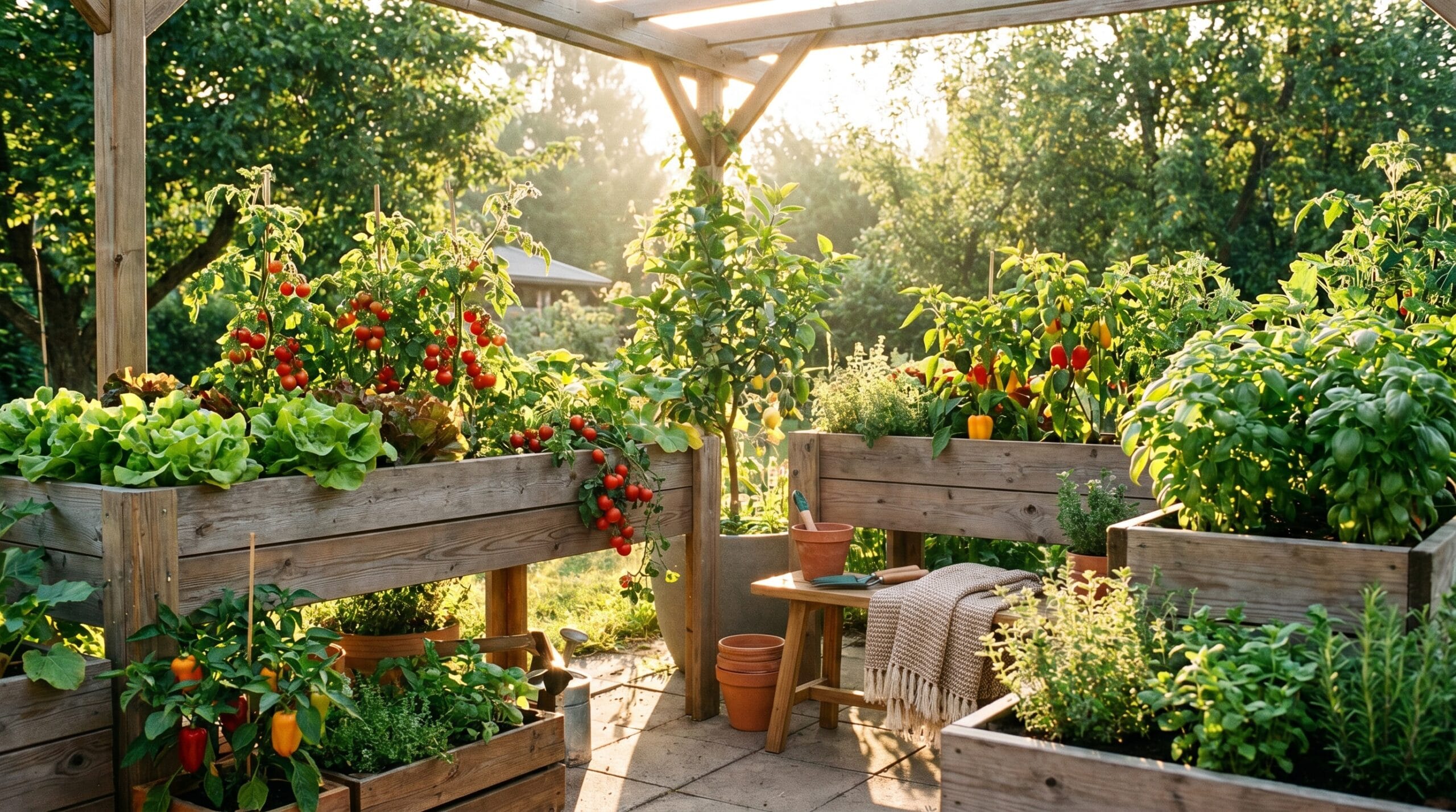 Growing vegetables in a planter on a sunny patio