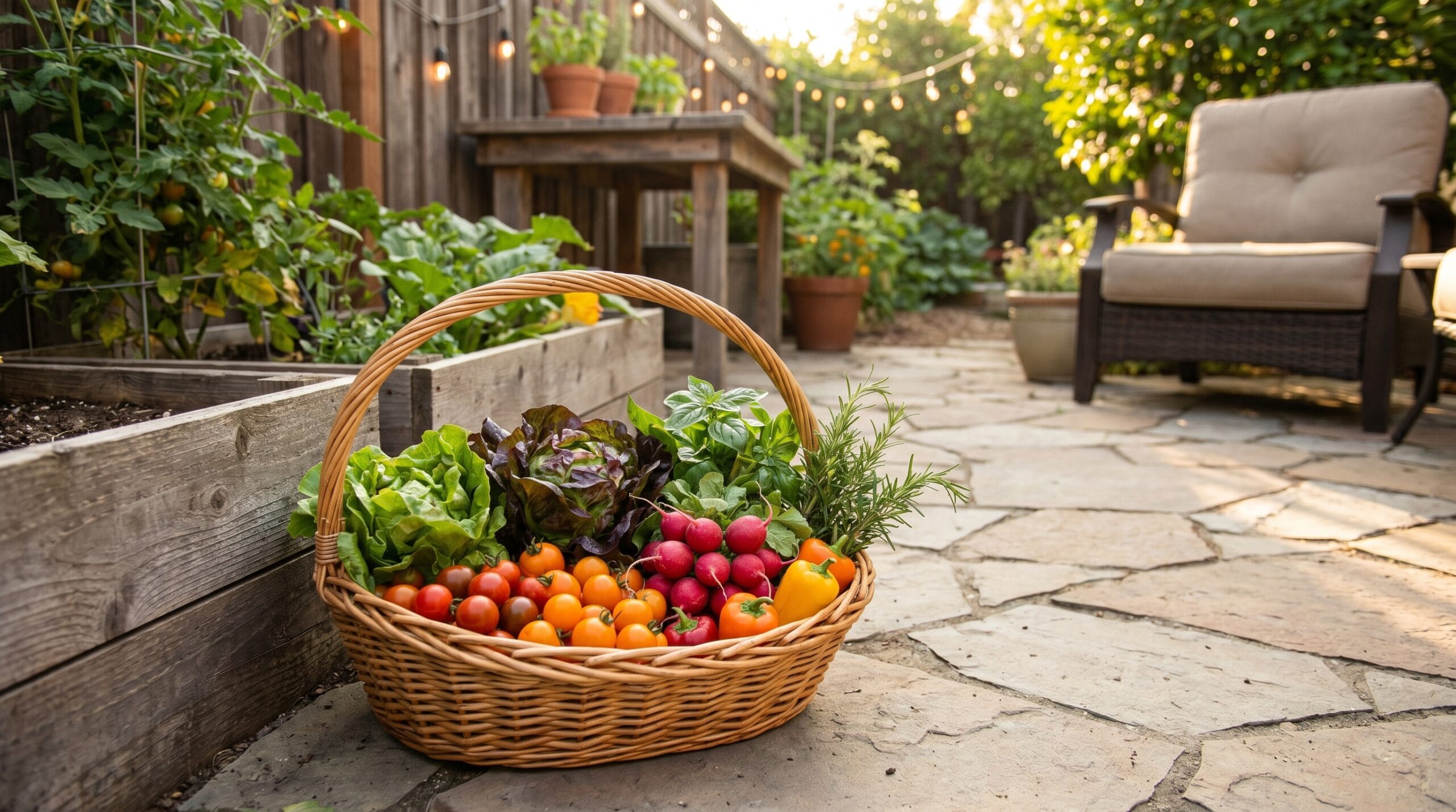 Fresh vegetables harvested from a planter garden