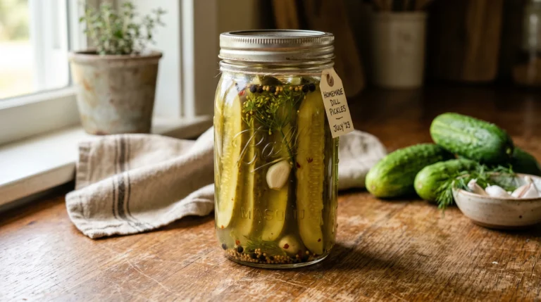 Jar of homemade dill pickles with fresh dill and garlic on a wooden kitchen counter
