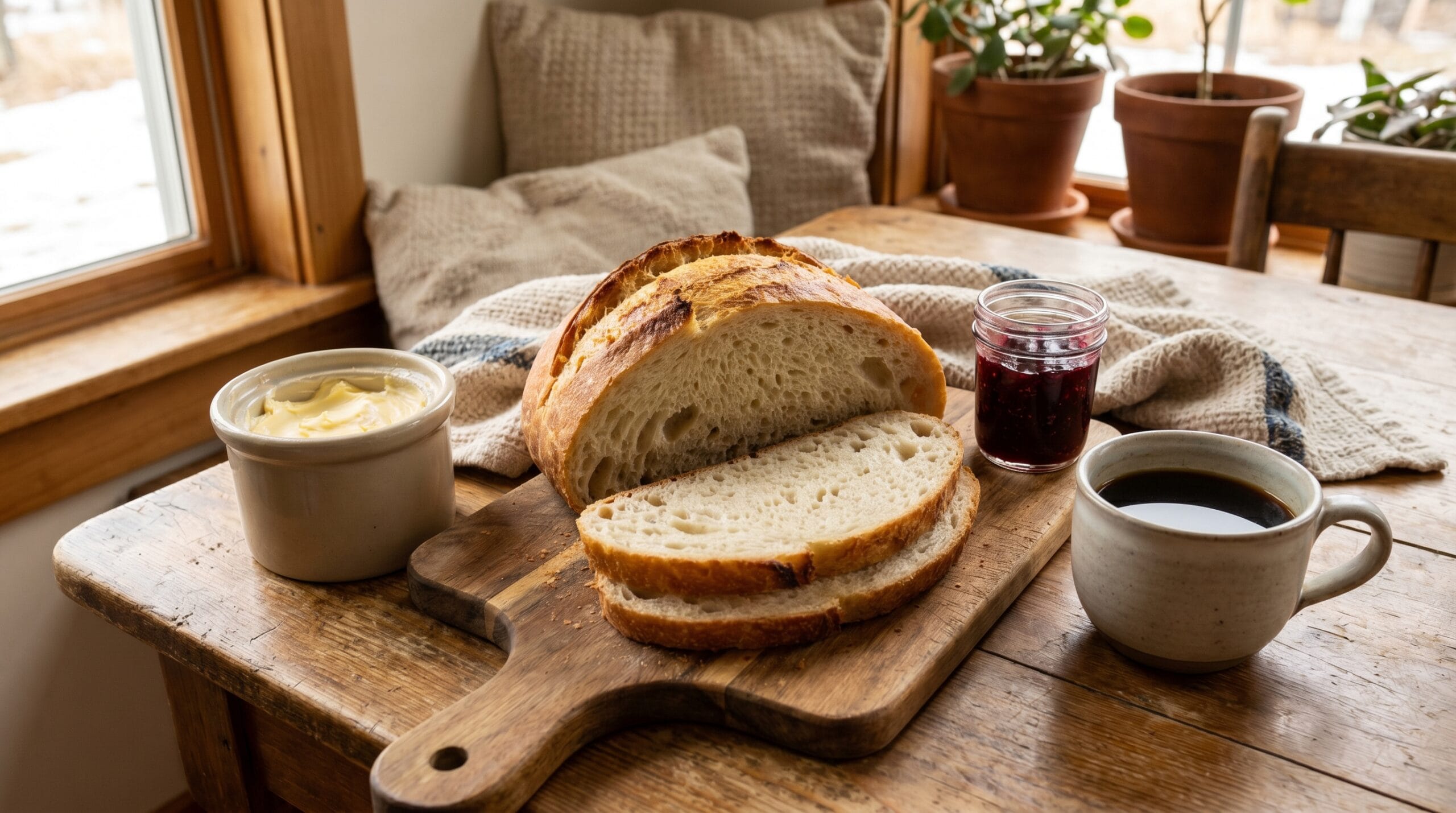 Fresh homemade sourdough bread served with butter and jam
