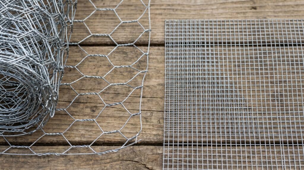 Side-by-side comparison of large-hex chicken wire and tight half-inch hardware cloth against natural light
