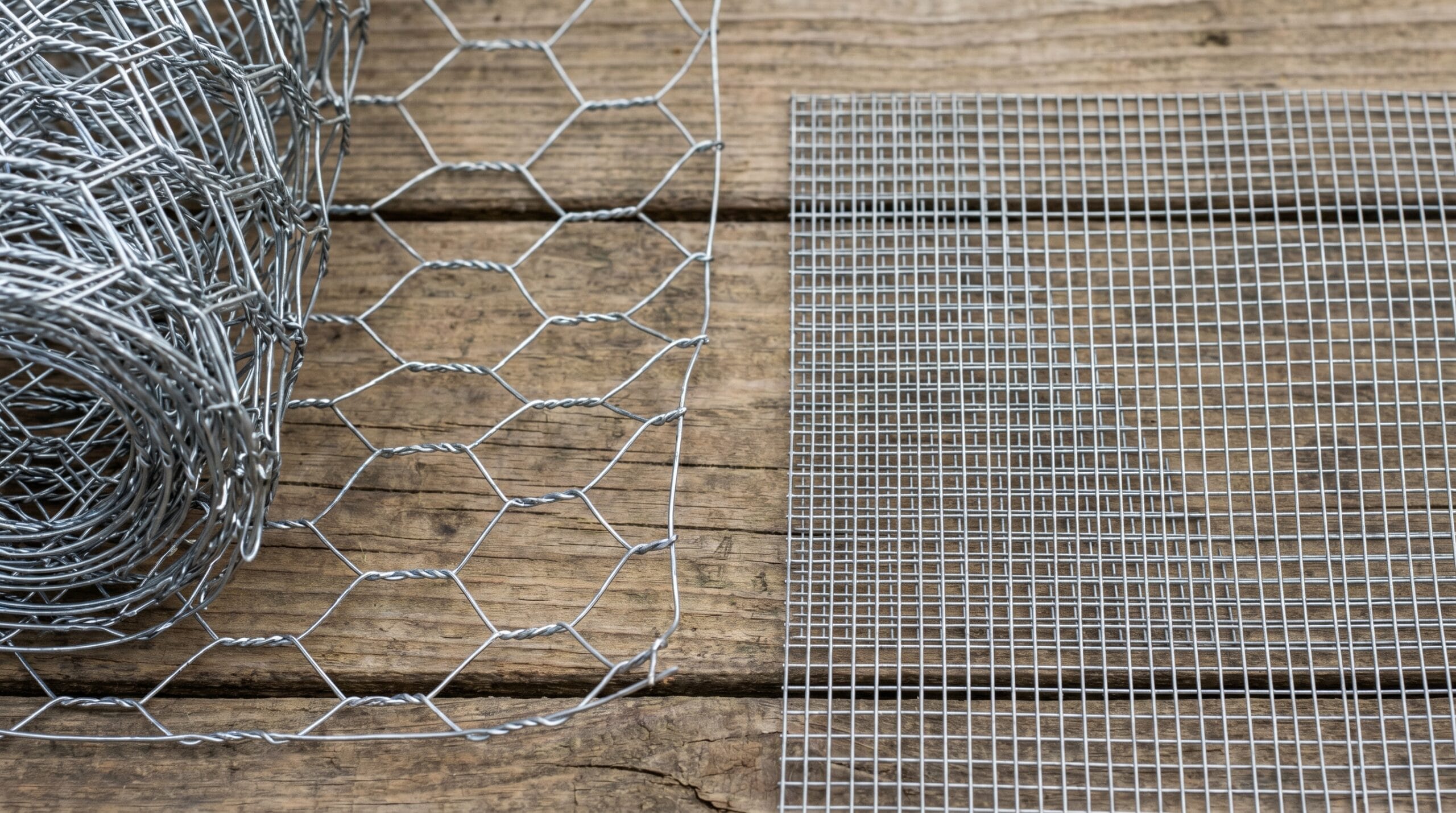 Side-by-side comparison of large-hex chicken wire and tight half-inch hardware cloth against natural light