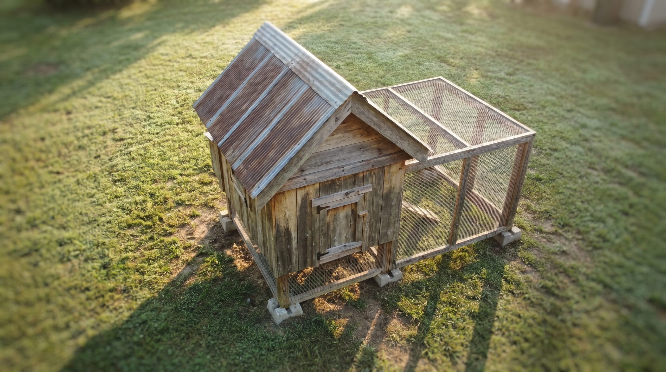 Small completed backyard chicken coop with hardware-cloth run on concrete blocks in morning light
