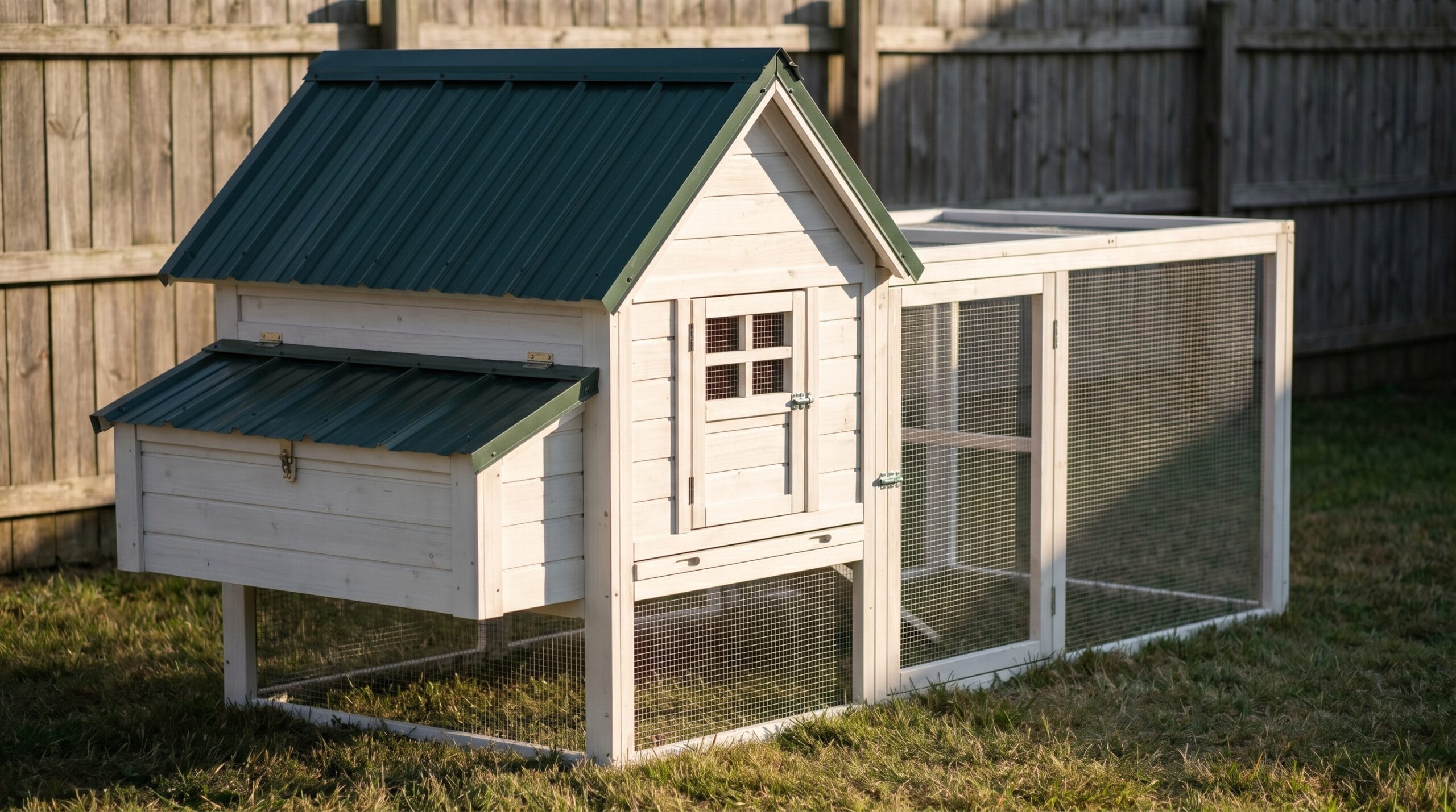 Finished small backyard chicken coop with white-painted siding, green metal roof, and hardware-cloth run
