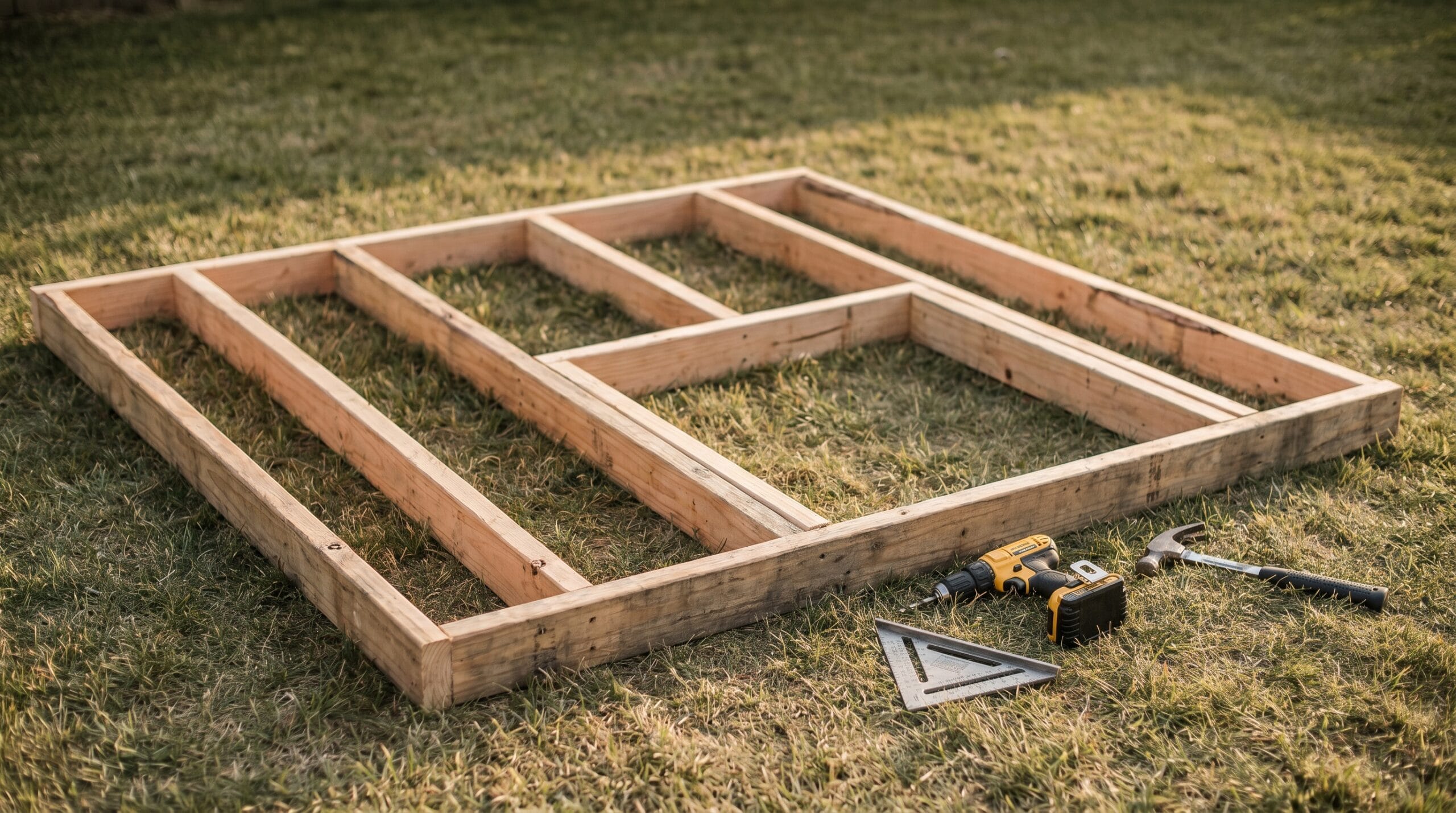 Partially framed chicken coop wall lying flat on grass with 2x4 studs and tools nearby
