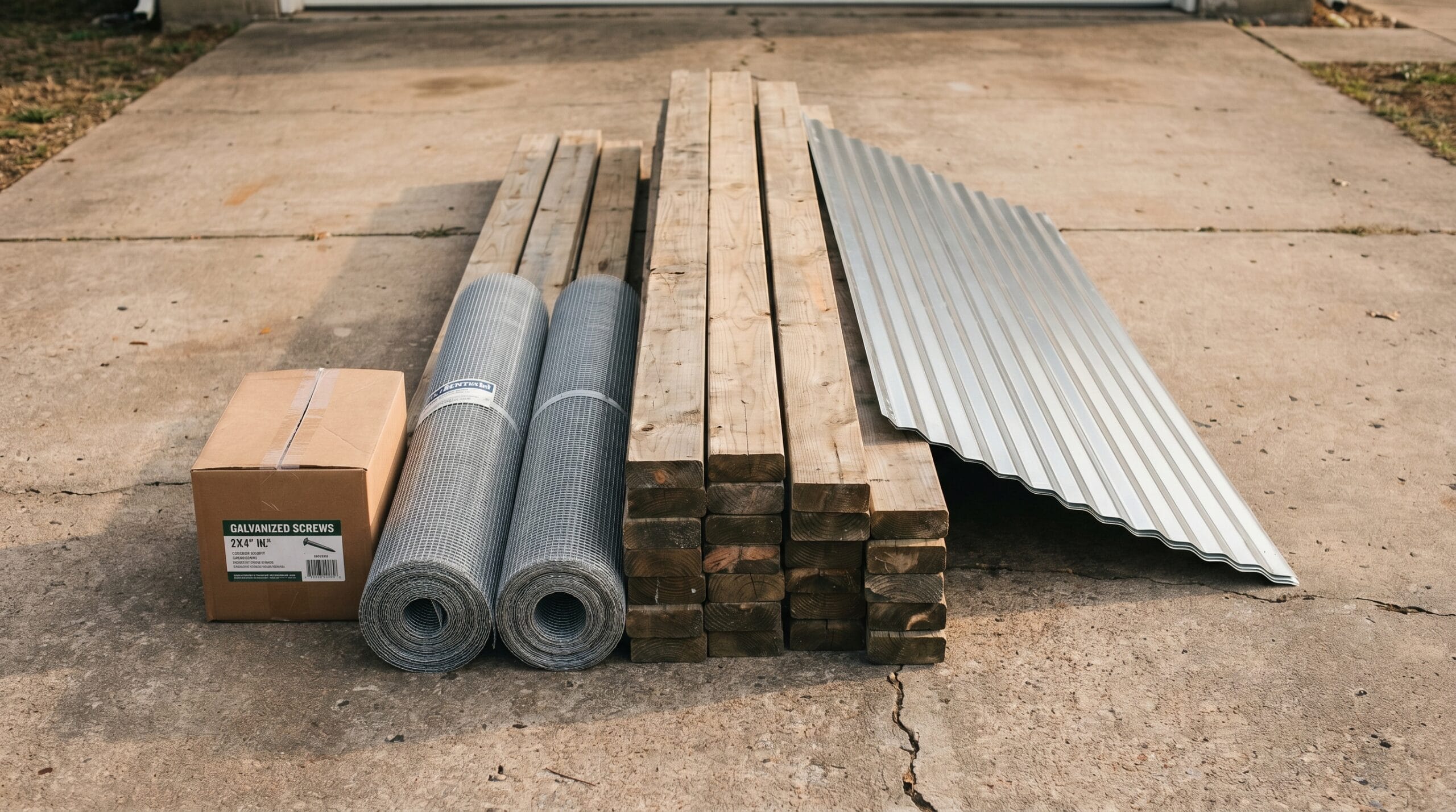 Lumber, hardware cloth rolls, screws, and roofing panels organized on a driveway before a coop build
