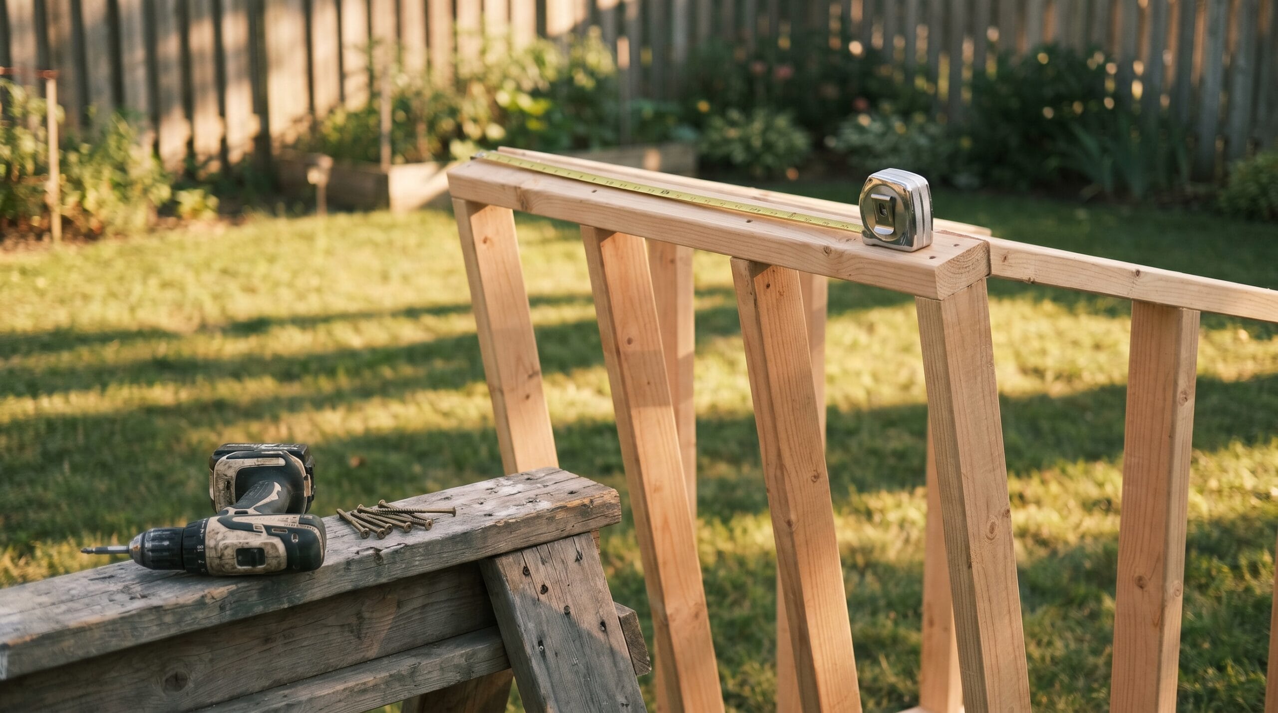 Partially framed small chicken coop in a backyard on a sunny afternoon with a tape measure visible