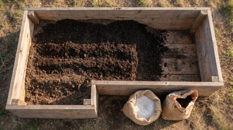 Partially filled raised garden bed with dark layered soil, compost bag, and perlite bag alongside