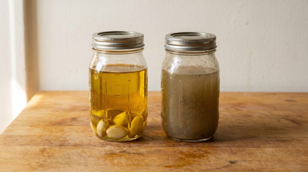 Two canning jars side by side on a wood surface, one with clear contents and one with visibly cloudy liquid