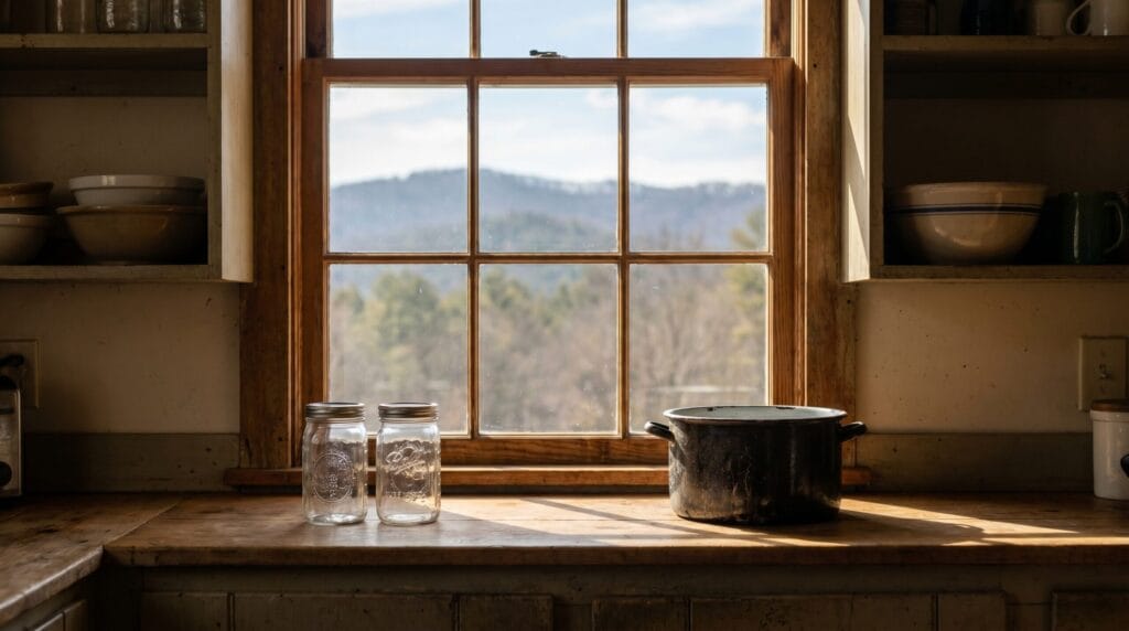 Rustic homestead kitchen counter with mason jars and a pot on the stove, framed by a window with mountain ridgeline outside