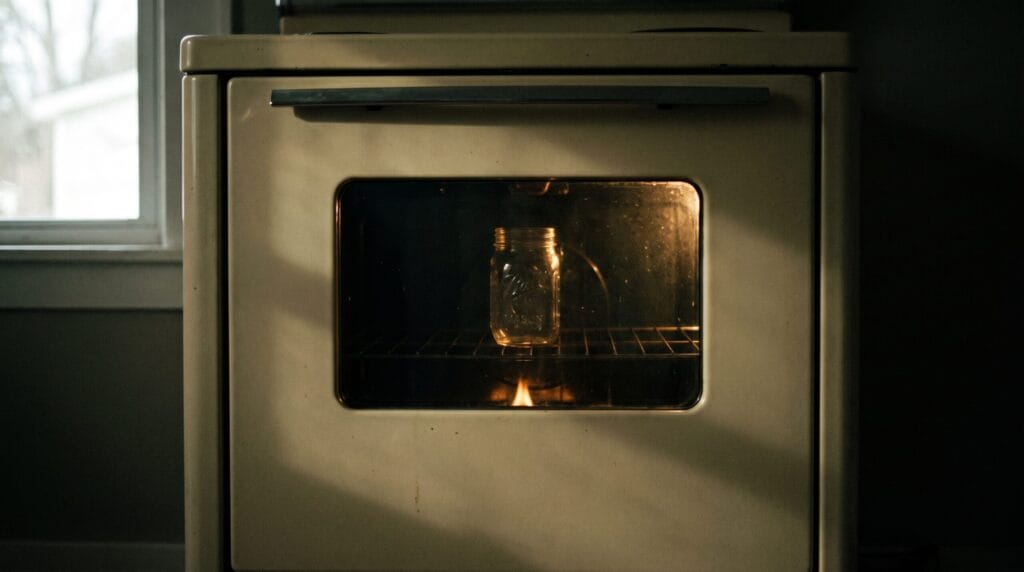 A single mason jar sitting on an oven rack visible through the closed oven door window in a dim kitchen