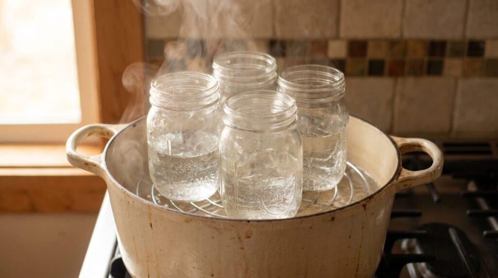 Empty mason jars standing upright on a canning rack inside a large pot of simmering water on the stovetop