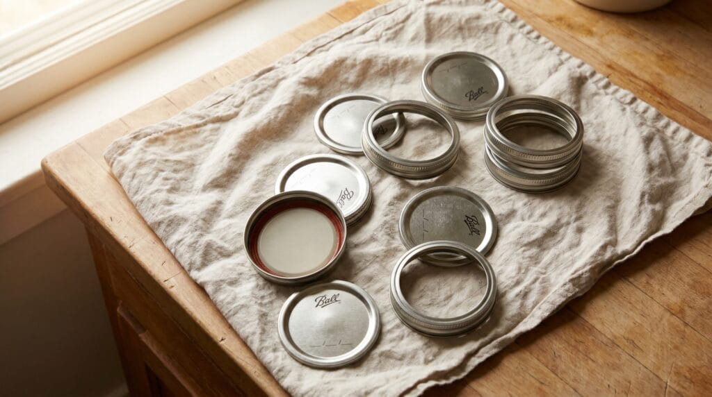 Canning lids and screw bands laid flat on a linen kitchen towel, one lid showing the red sealing compound side up