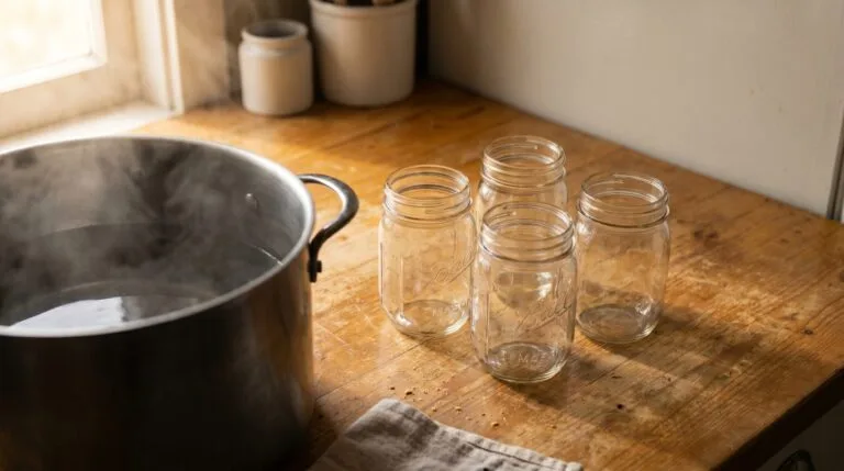 Clean mason jars on a weathered wood counter with steam rising from a pot of hot water nearby