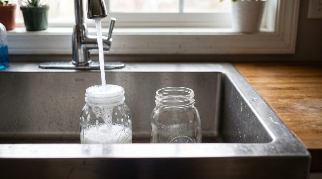 New mason jars being rinsed under a kitchen faucet with soapy suds visible, in a simple homestead kitchen sink