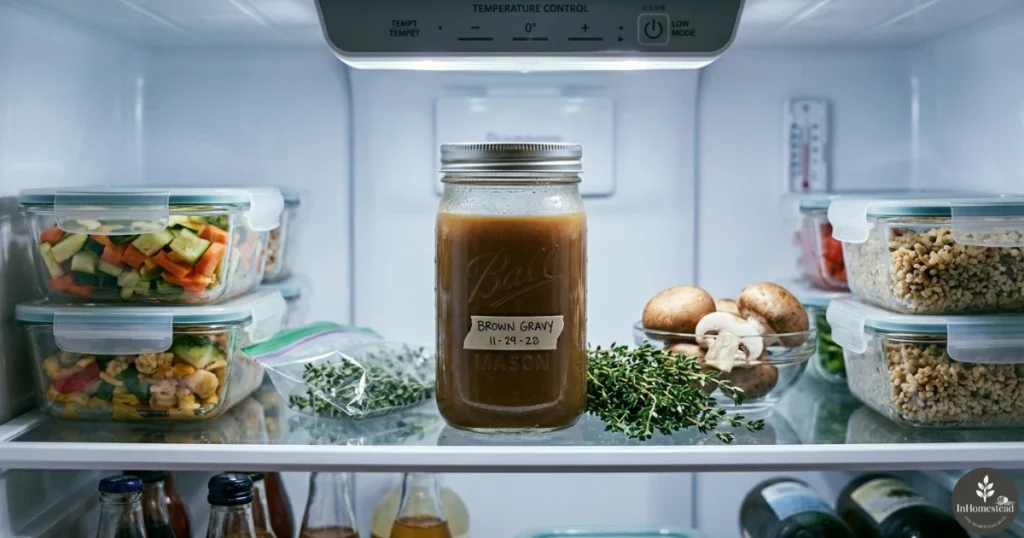 A clear glass mason jar filled with rich brown gravy, sealed with a lid, sitting on a refrigerator shelf next to fresh herbs and other meal prep containers.