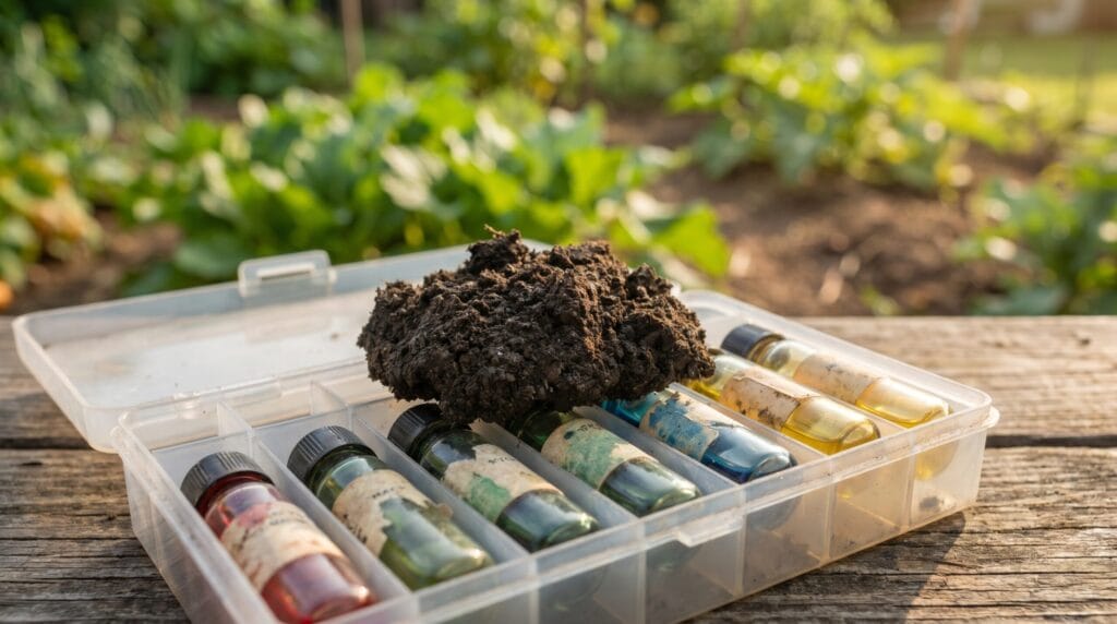 Small clump of dark native garden soil held over an open soil test kit with a vegetable garden softly visible behind