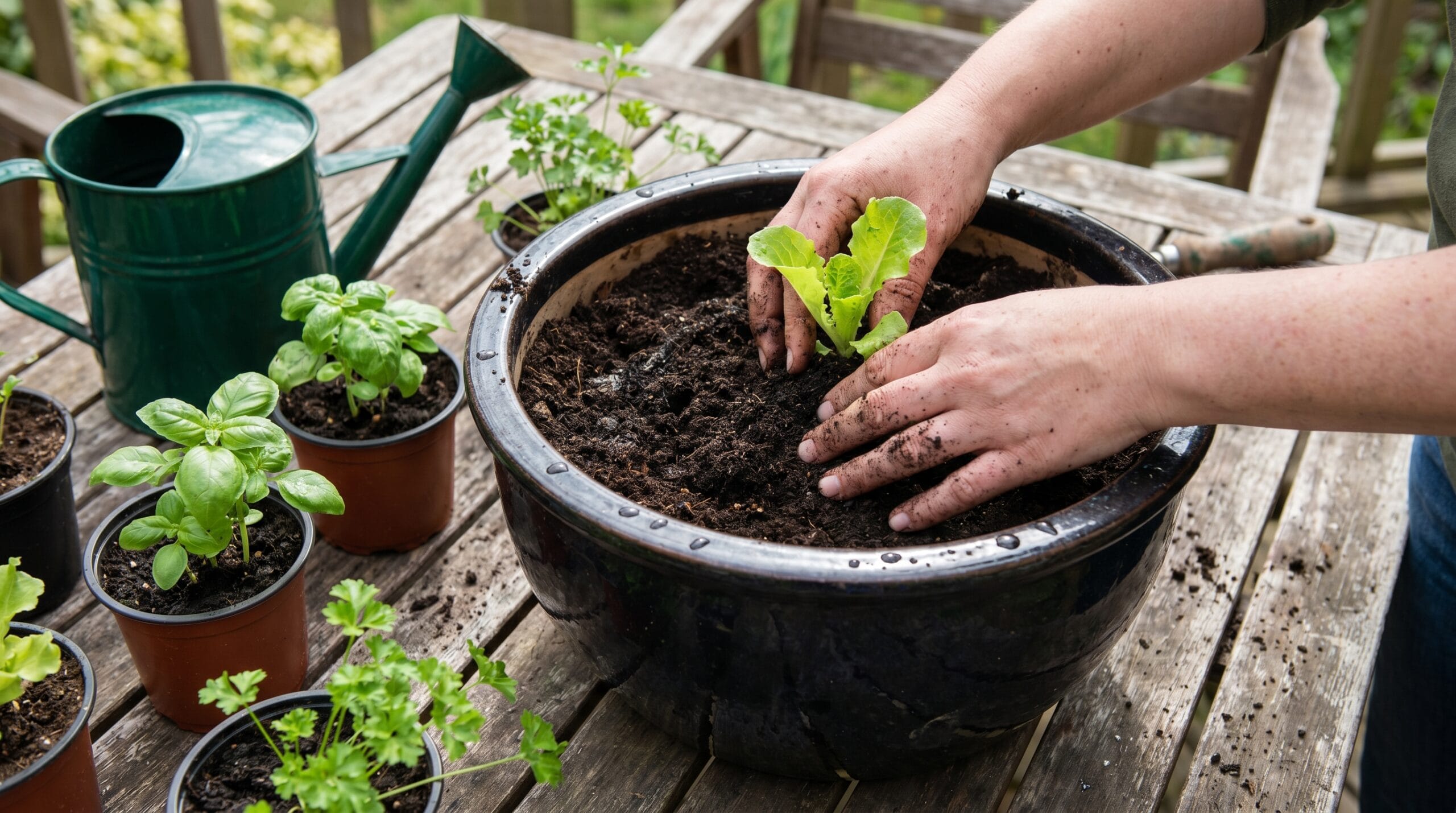 Planting vegetable seedlings in a patio planter
