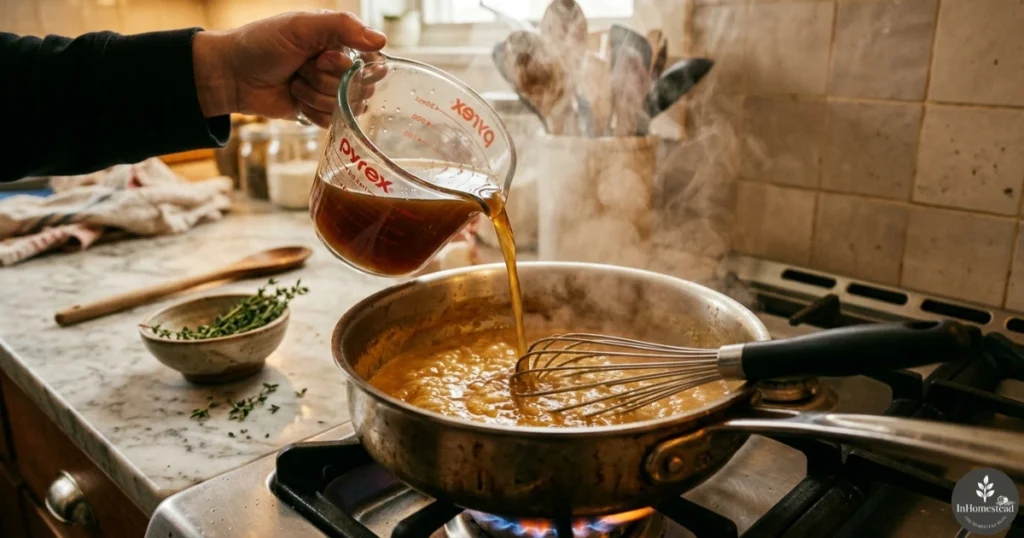 pouring broth into pan