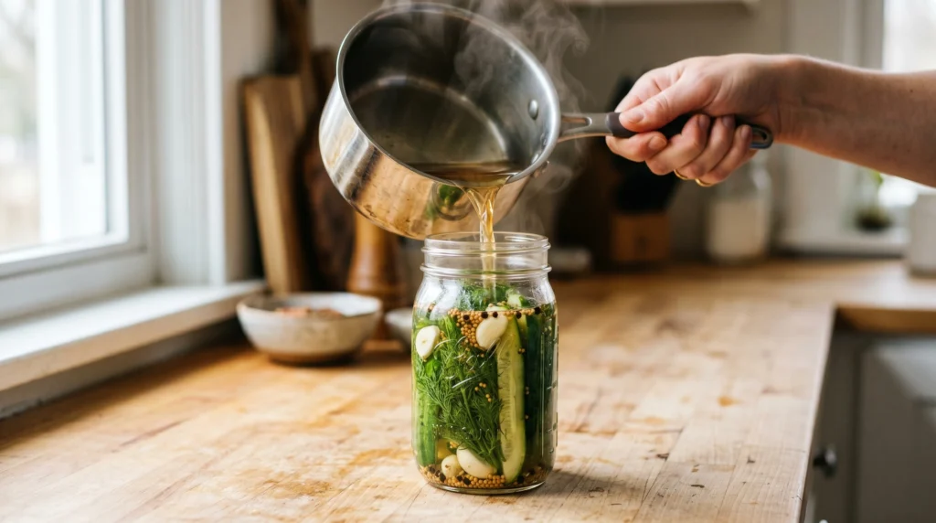 Pouring warm vinegar brine into a mason jar of cucumber spears for refrigerator pickles
