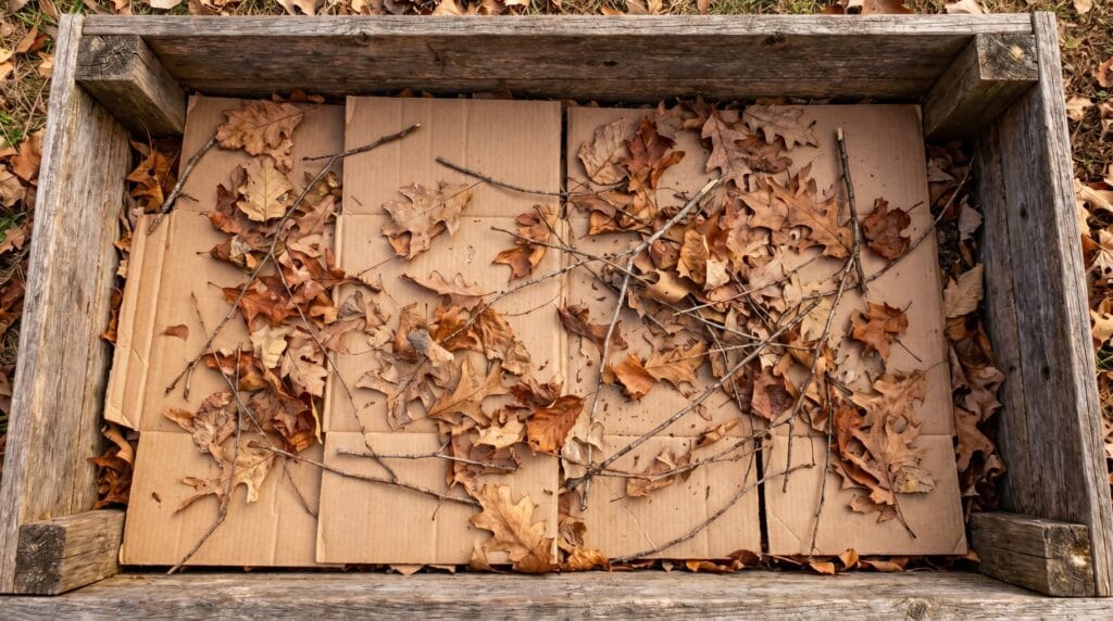 Inside of a raised garden bed showing flattened cardboard, dry leaves, and small branches as bottom fill layers