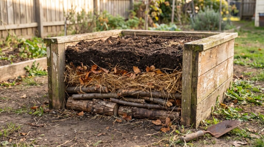 Cross-section view of a raised garden bed showing logs, straw, and compost layers from bottom to top