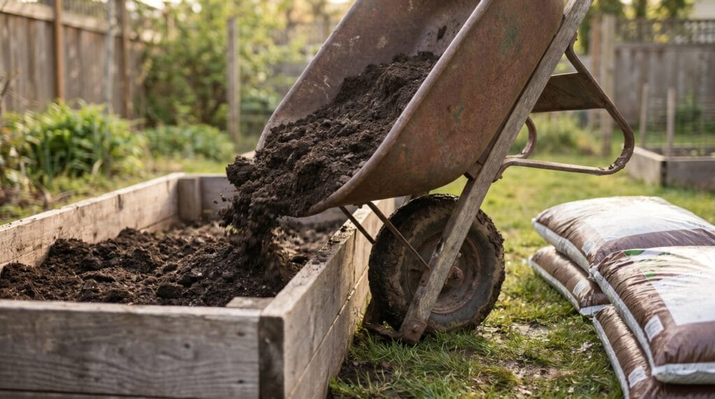 Wheelbarrow tipping bulk compost into a raised garden bed with a stack of soil bags nearby in morning light