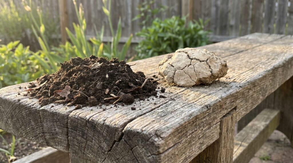 Dark crumbly raised bed soil mix beside dry compacted native yard soil on a weathered wooden garden bench