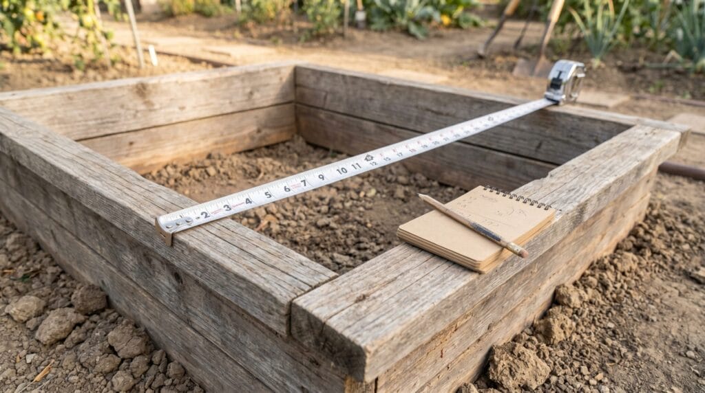 Tape measure stretched across a wooden raised garden bed frame with a notepad showing pencil calculations nearby