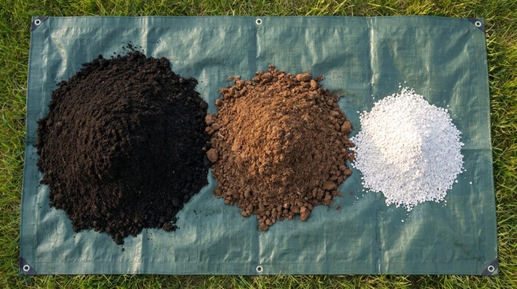 Three separate piles of topsoil, compost, and white perlite on a garden tarp ready to be mixed