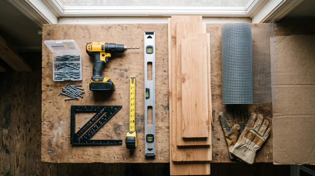 Tools and materials for building a raised garden bed including drill, screws, level, and cedar boards