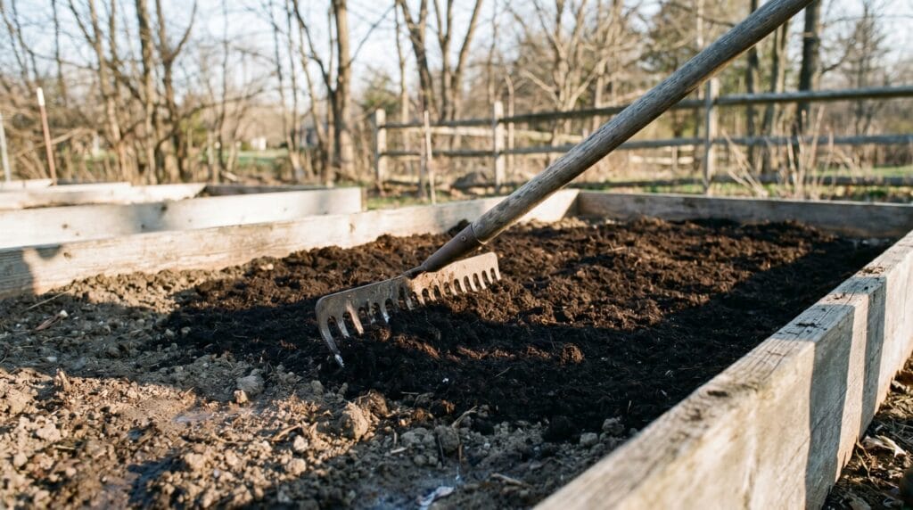 Garden rake spreading dark compost across a bare raised bed in early spring with bare trees visible in the background