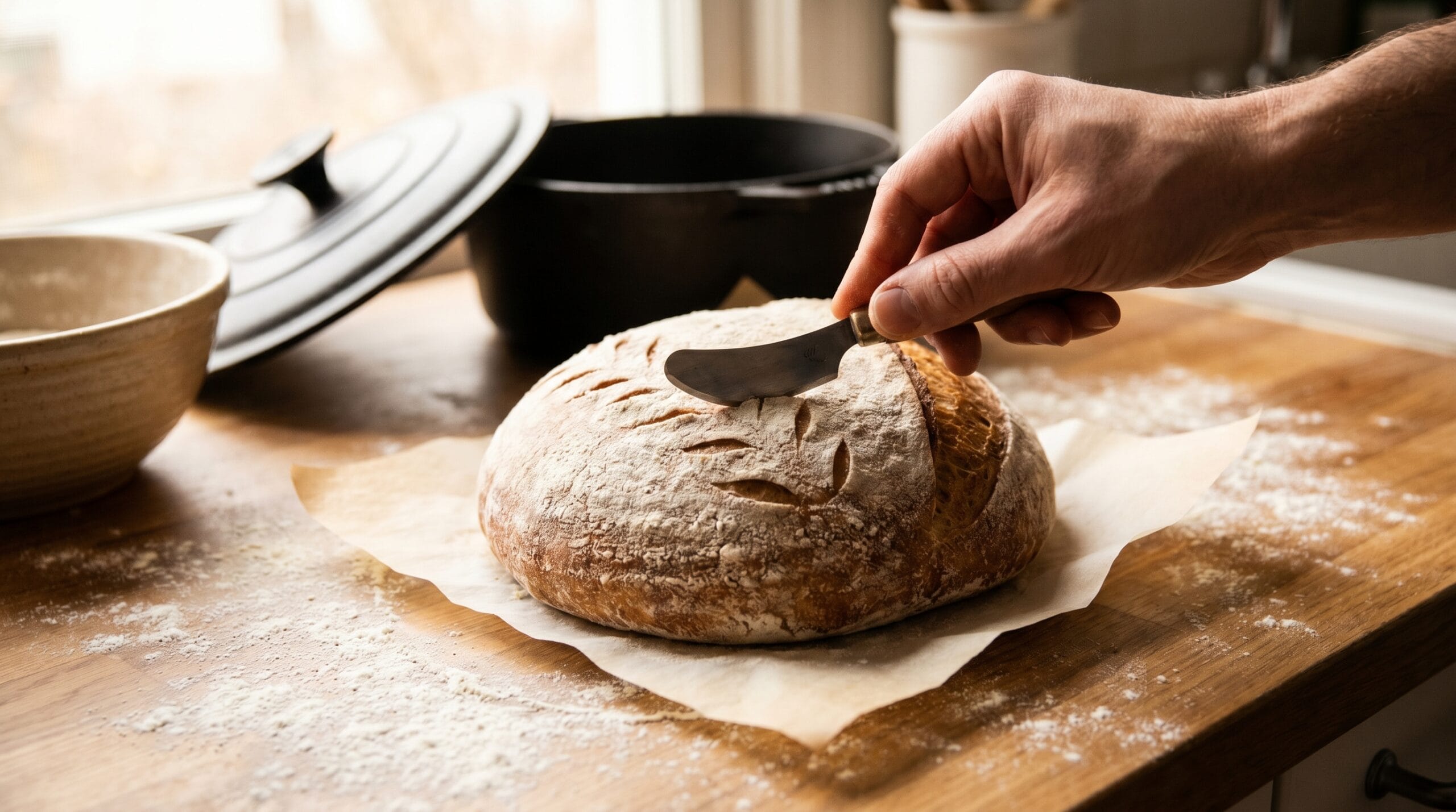 Scoring sourdough bread before baking