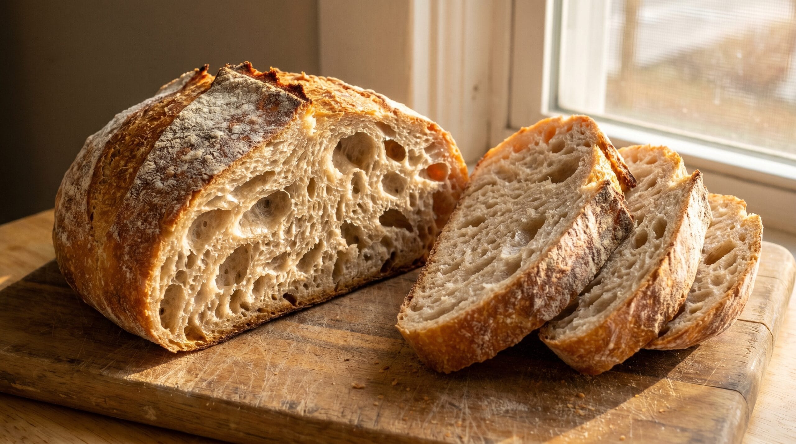 Sliced sourdough bread showing open crumb texture