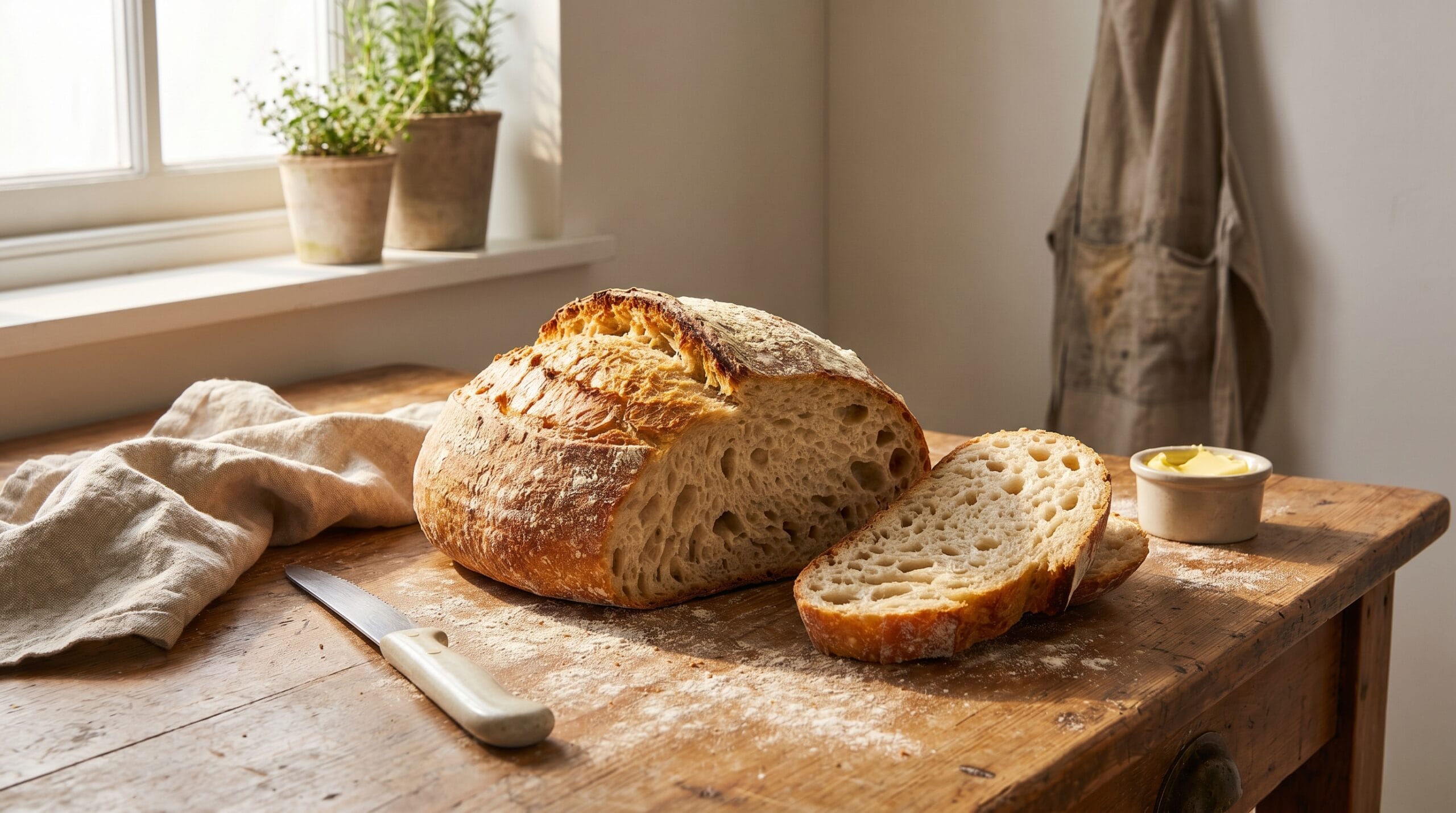Homemade sourdough bread loaf with golden crust