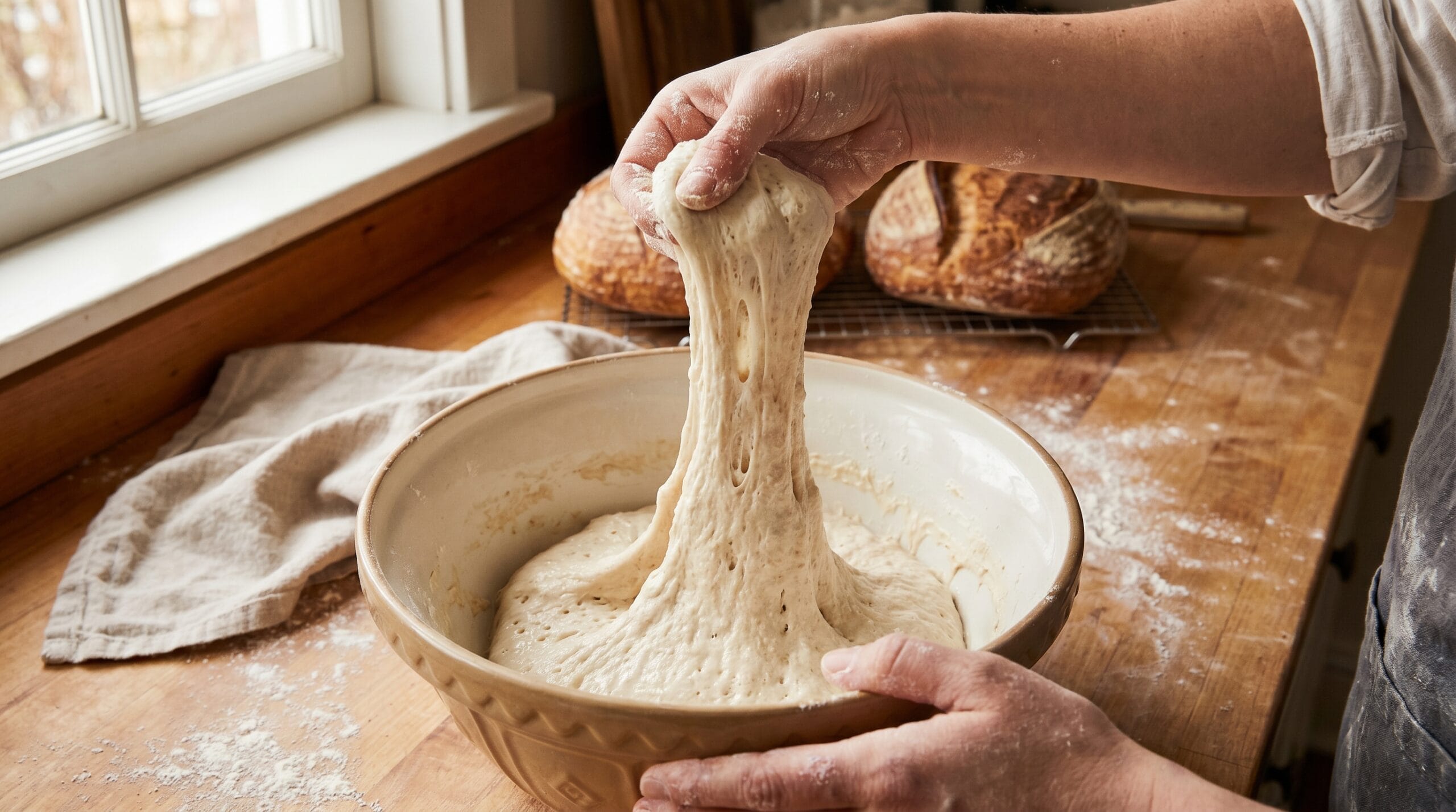 Stretch and fold technique for sourdough bread dough