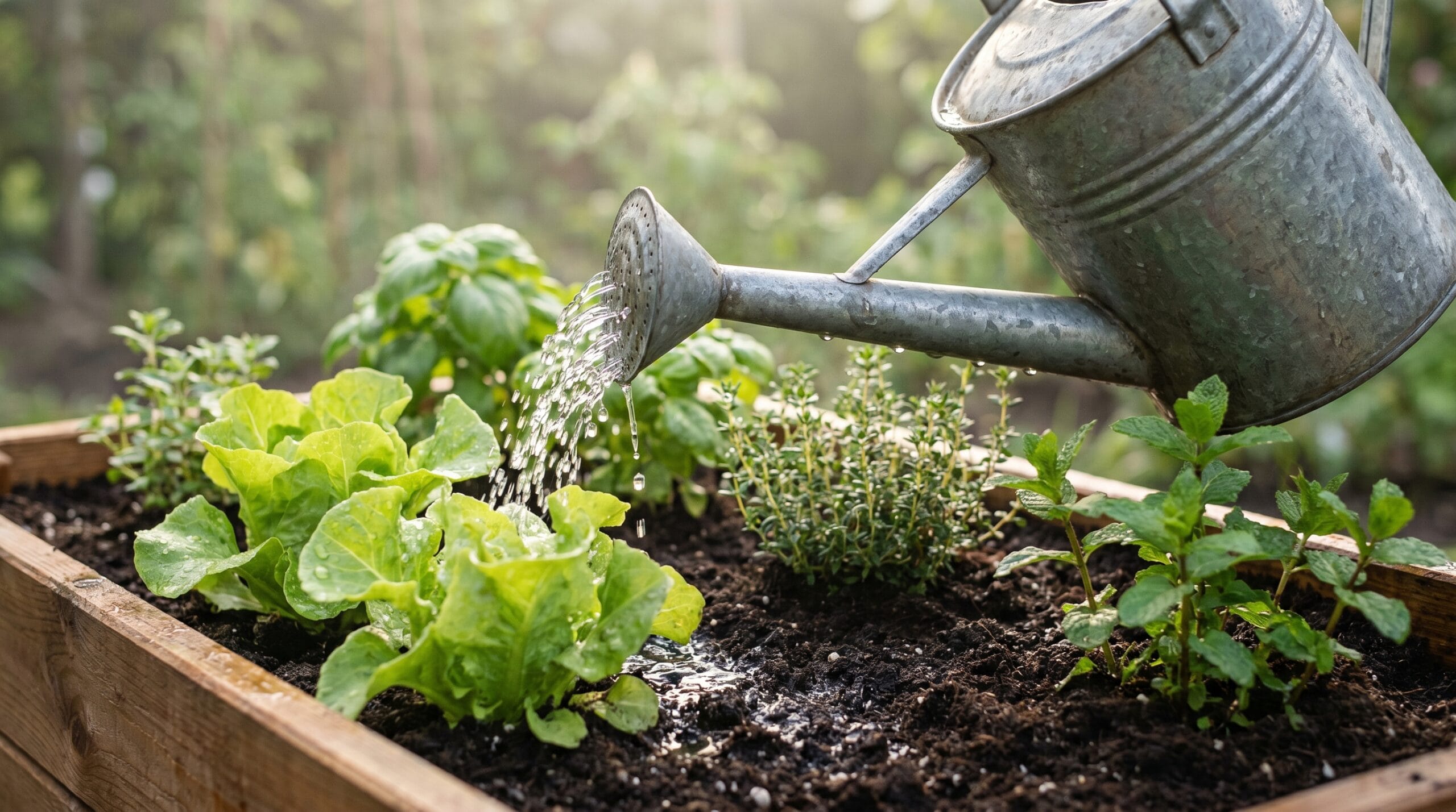 Watering vegetables growing in a planter