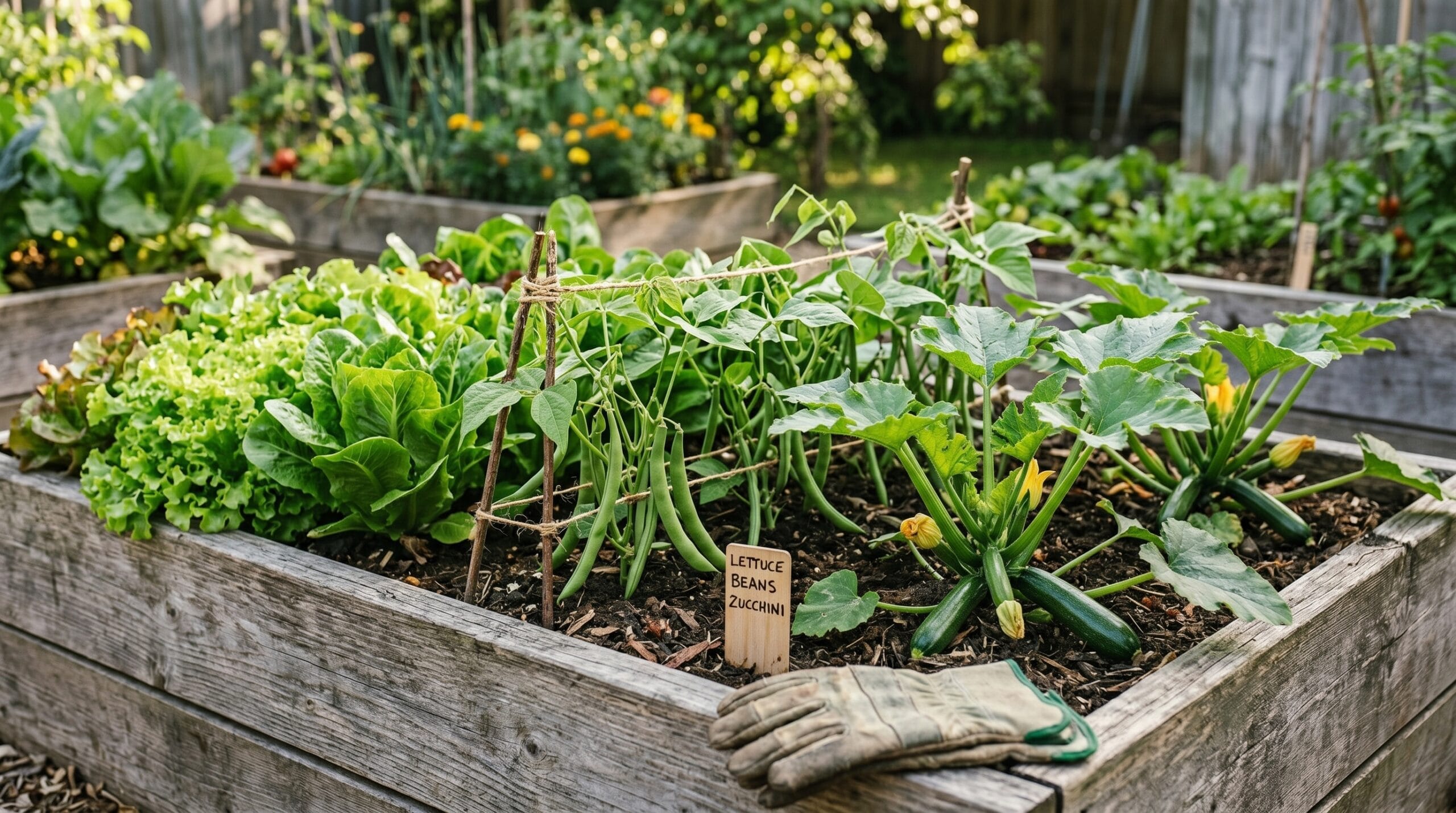 Watering a raised vegetable bed in full sun