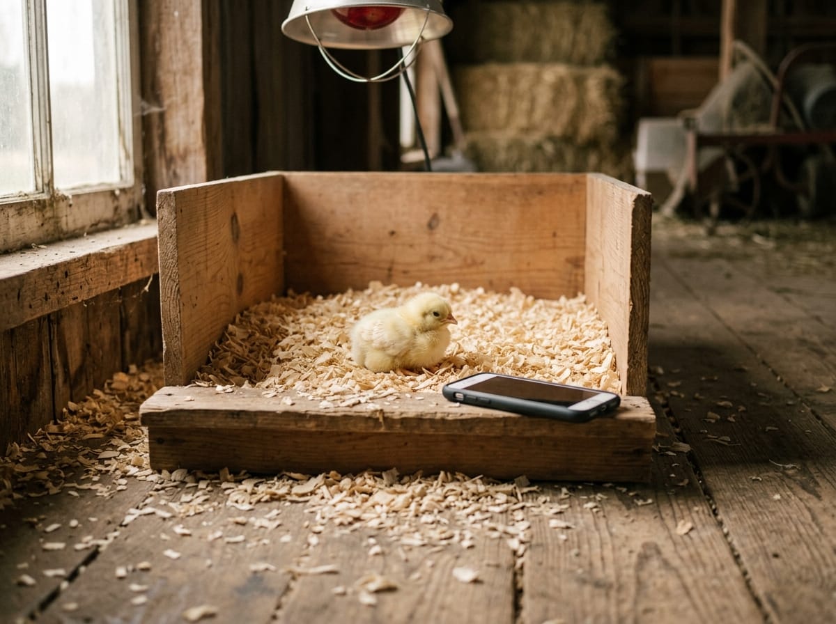 A small sick chick resting alone in clean wood shavings near a phone set on a wooden surface